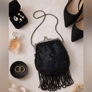 Vintage Black Beaded Silk Mini Evening Pouch w/ Fringe Strap – Made in India